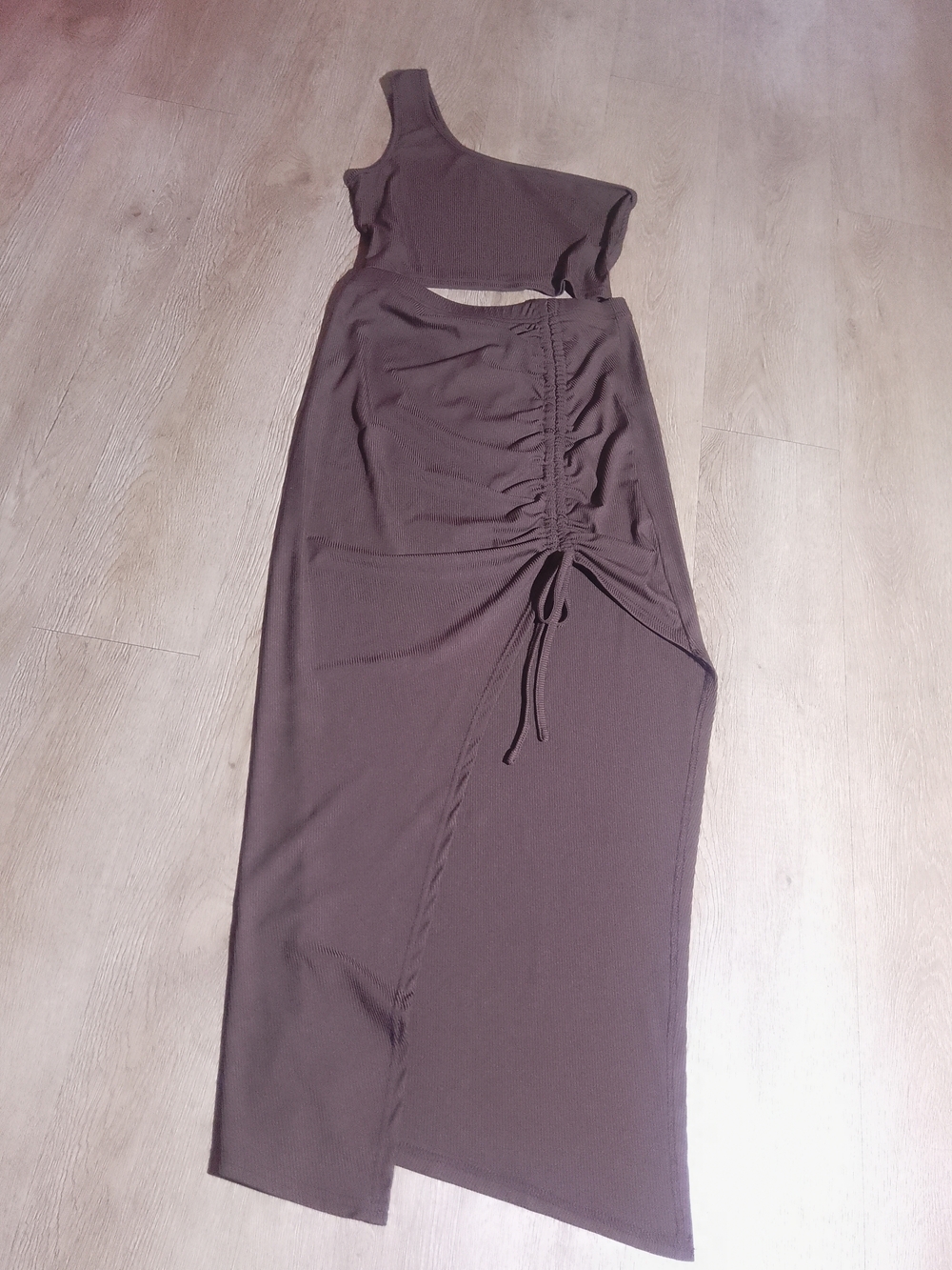 SHEIN One-Shoulder Ruched Cutout Maxi Dress in Brown